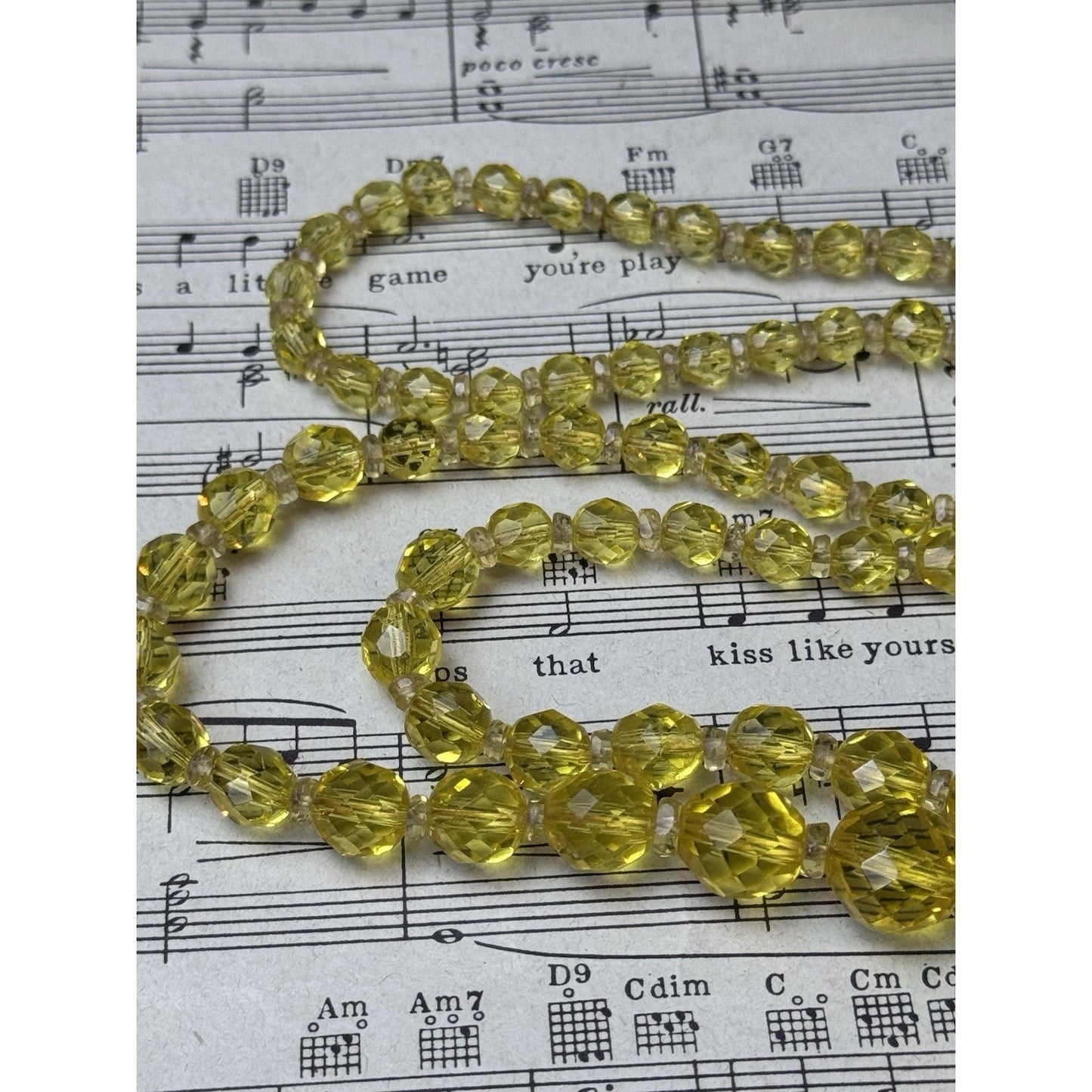 Vintage Lemon Glass Bead Necklace Faceted Graduated 27” No Clasp Czech Style