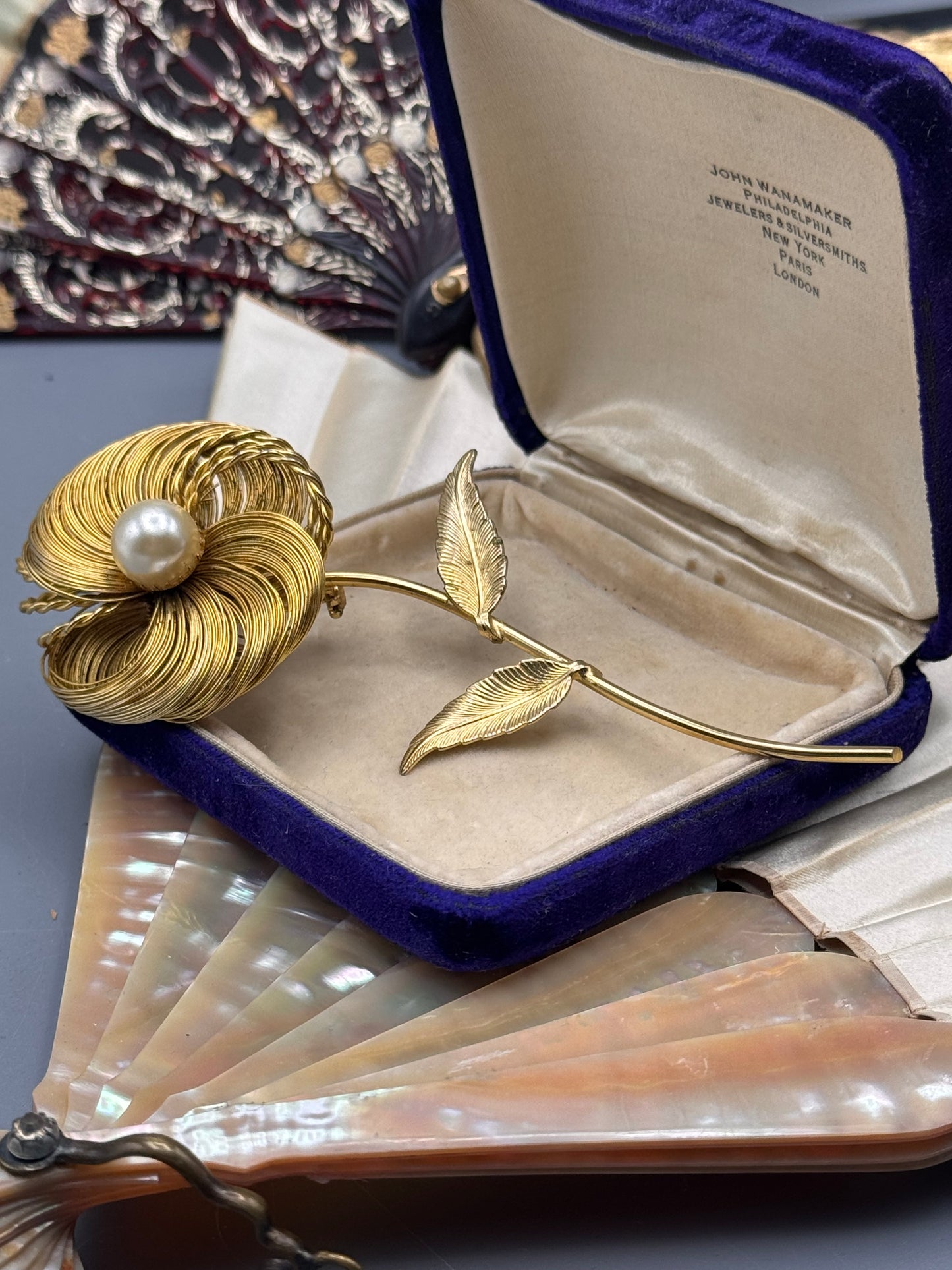 Vintage Hattie Carnegie Flower Brooch Goldtone Faux Pearl Statement 4.75”