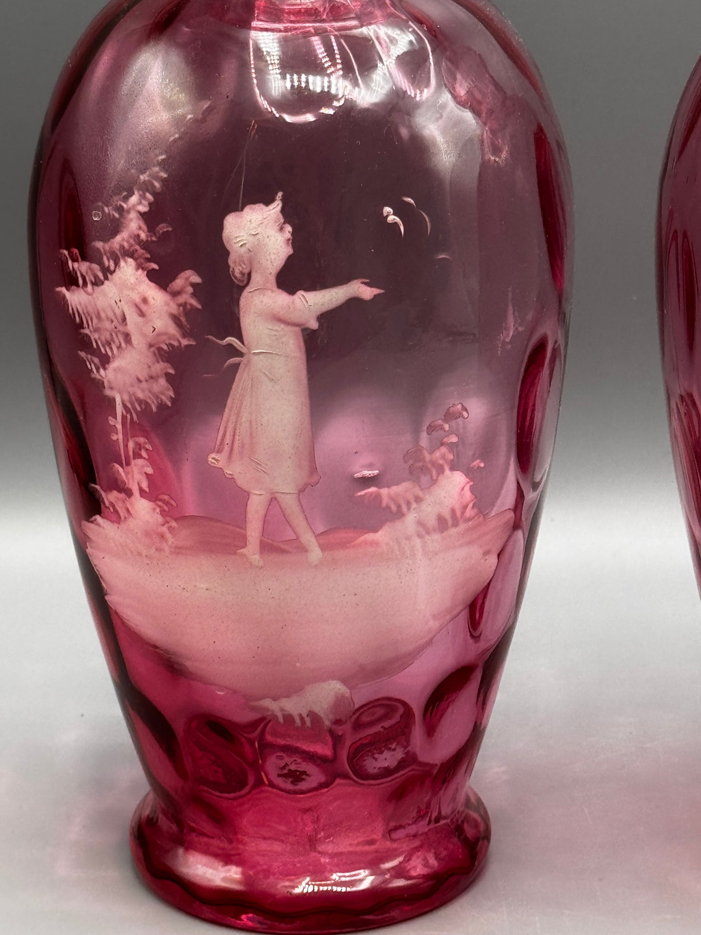 Vintage Pair Mary Gregory Style Cranberry Glass Vases Boy & Girl 10.5”