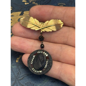 Cameo Brooch Gold Filled Hook Black Rhinestone Pendant Vintage 2.25” x 1.75”