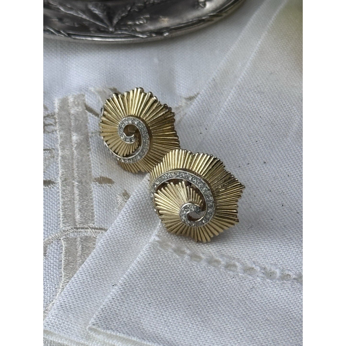Vintage Trifari Clip Earrings Crown Trifari Goldtone Rhinestone Swirl .75”