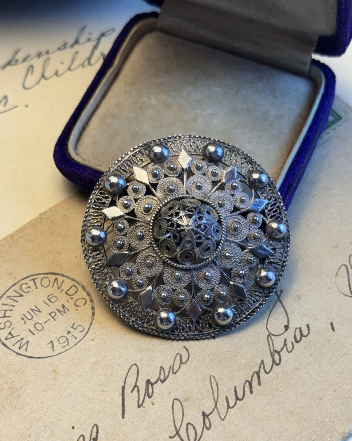 990 Silver Cannetille Filigree Brooch Antique Style Round Statement Pin 1.75"