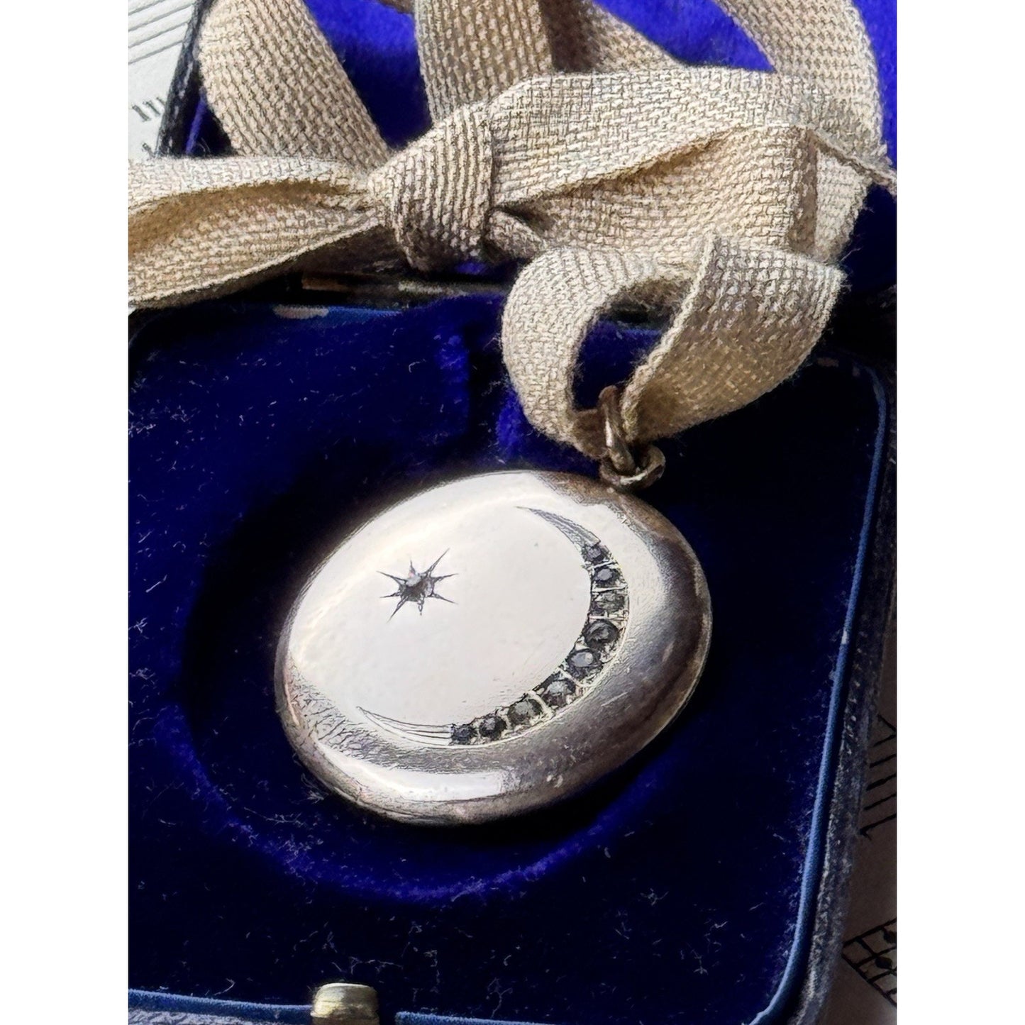 Antique Crescent Moon Locket Gold-Filled Paste Stones W&H Co 1.25” Engraved