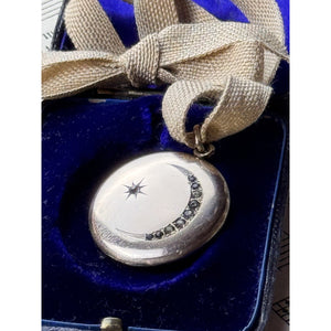 Antique Crescent Moon Locket Gold-Filled Paste Stones W&H Co 1.25” Engraved