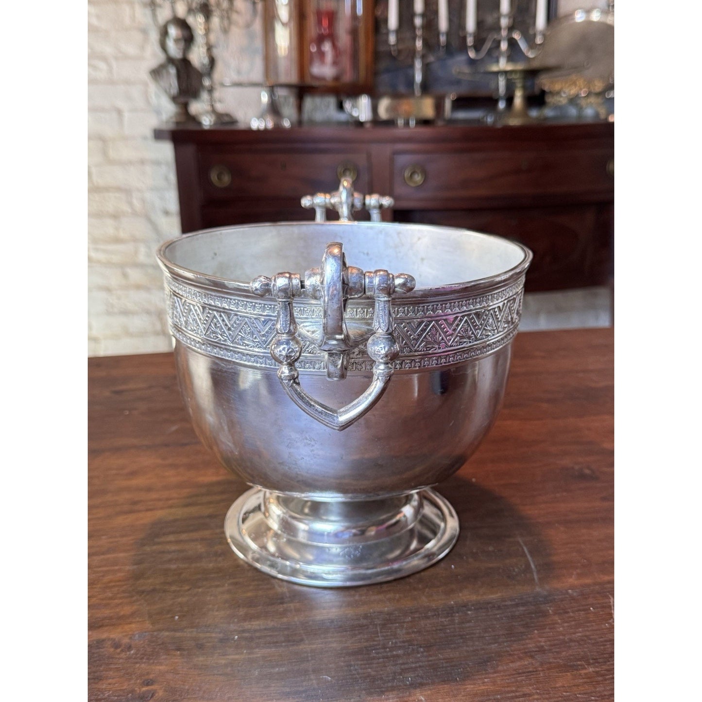 Antique Silver-plate Wine Cooler Champagne Bucket Neoclassical Footed Urn Planter Handles 13.25”