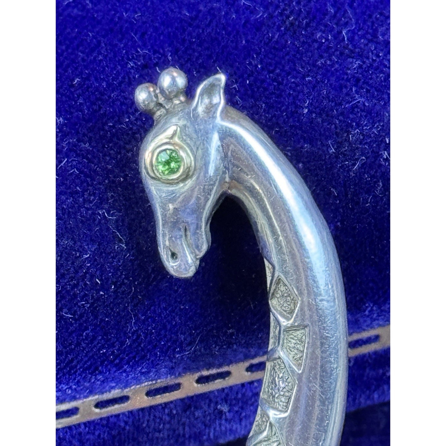 Vintage Sterling Silver 14K Gold Giraffe Brooch Green Eye Figural 3.75”