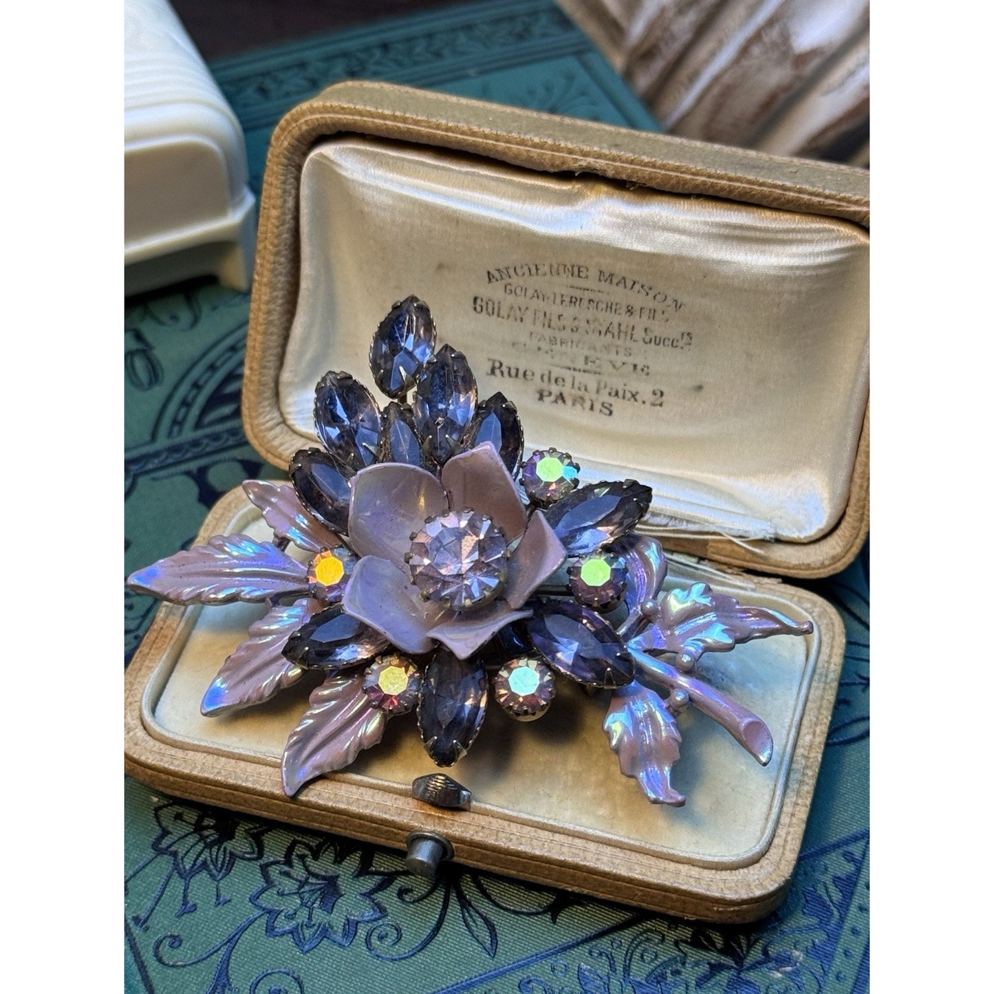 Vintage Lilac Enamel Floral Spray Brooch Smoky Lavender Rhinestones 3”