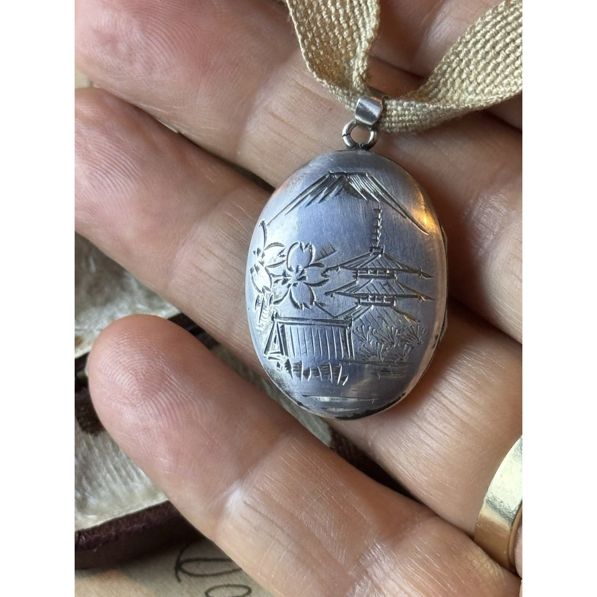 Vintage Silver Locket Pendant Engraved Japanese Pagoda Mountain Scene 1” x .75”