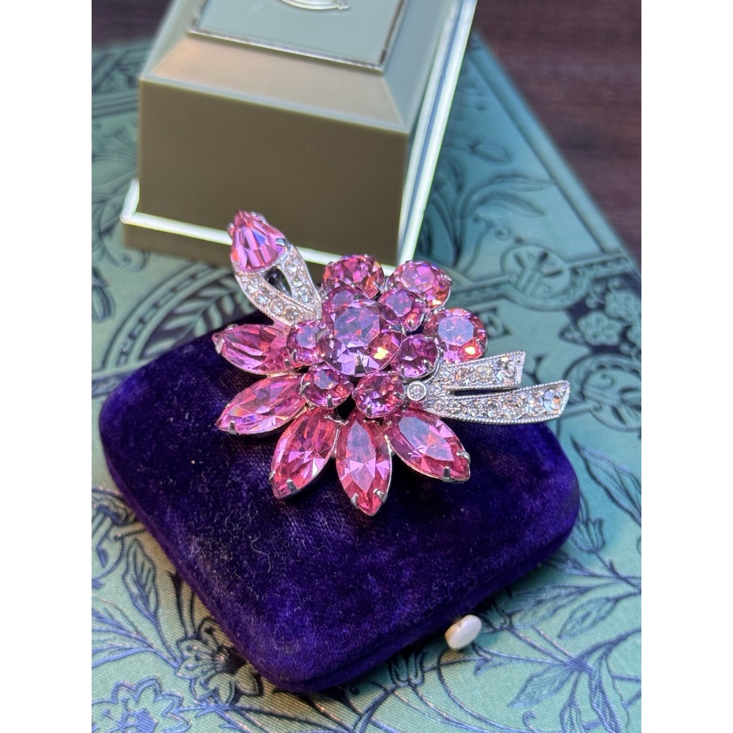 Eisenberg Ice Pink Rhinestone Floral Brooch Silver Tone Vintage Signed 2.5”