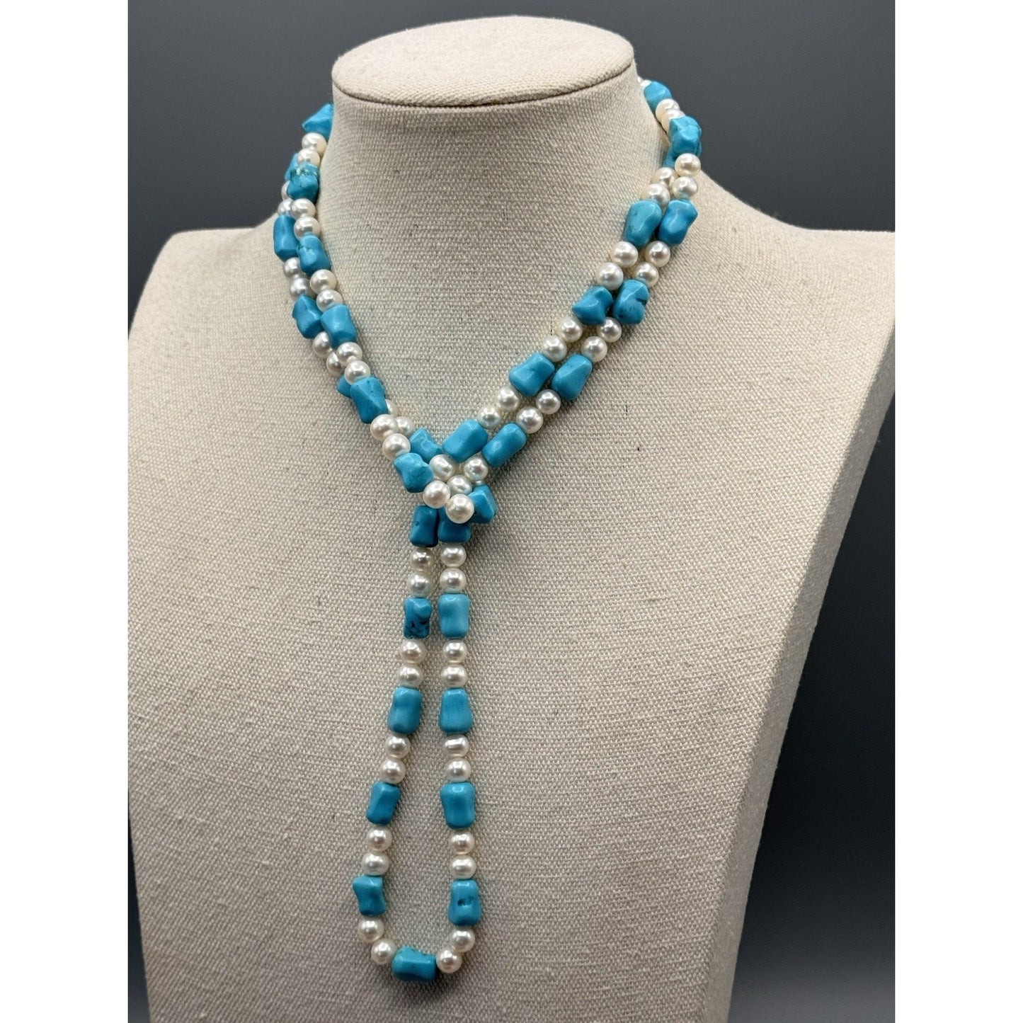 Cultured Pearl Blue/Green Stone Long Necklace 41” ESTATE FIND