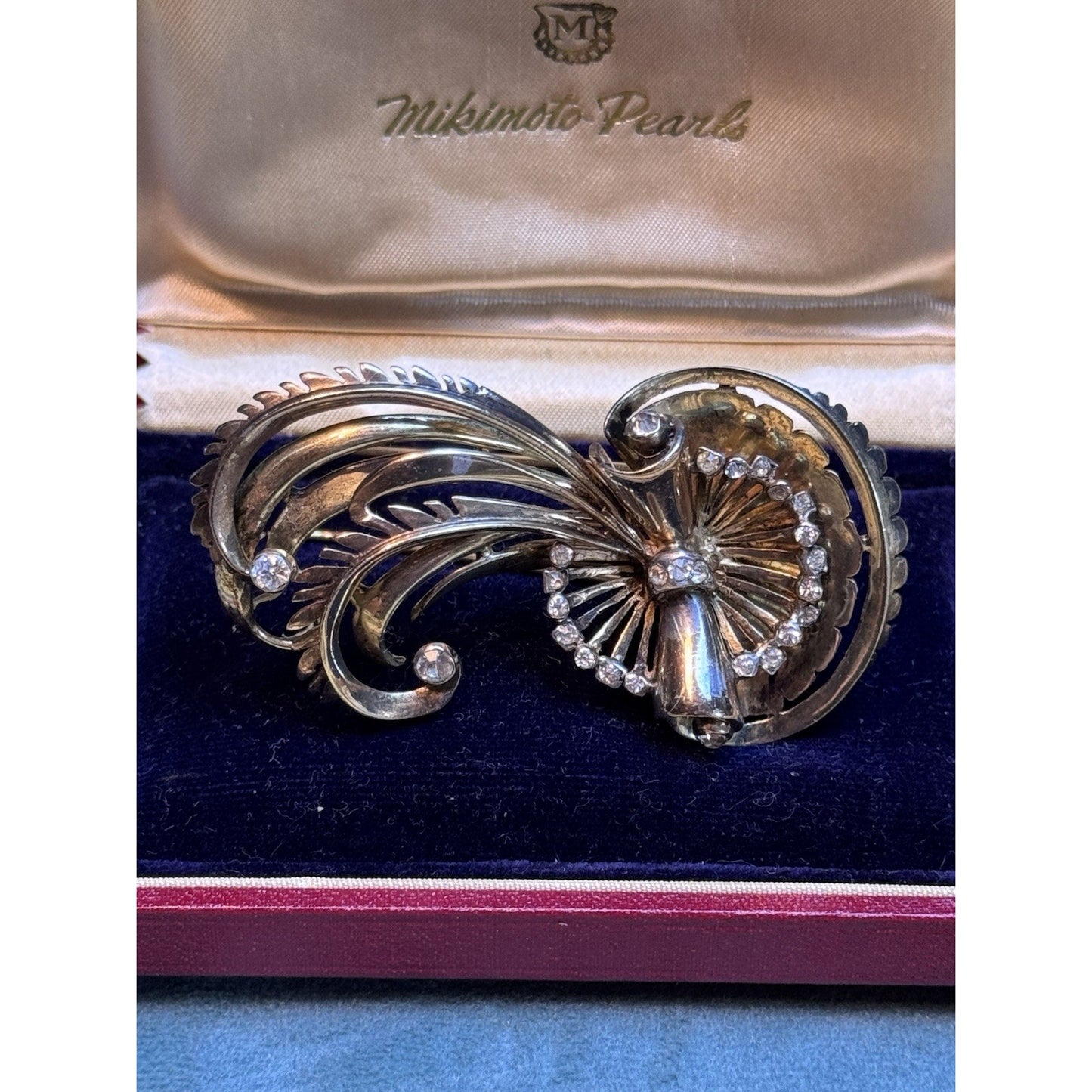 R De Rosa Sterling Vermeil Fur Clip Rhinestone Floral Scroll Design Vintage