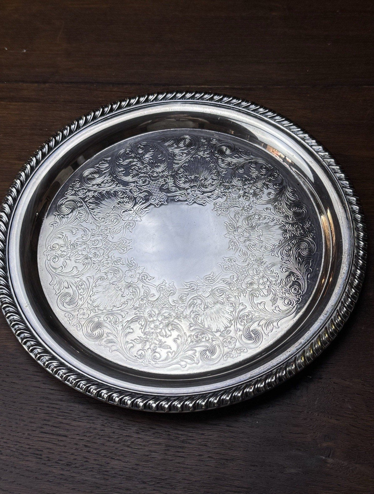 Silverplate Round Serving Tray WM Rogers Ornate Floral Rope Edge 10” VINTAGE