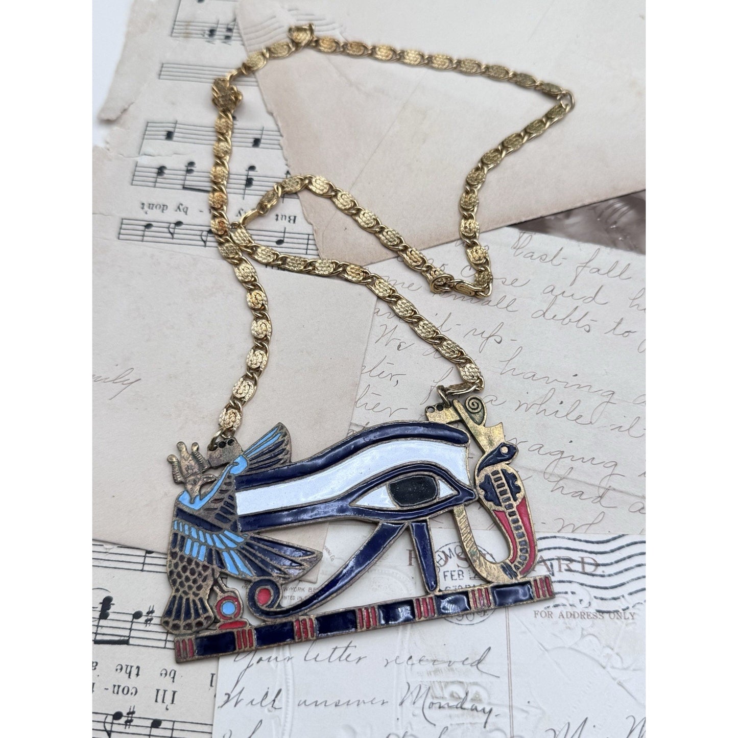 Vintage Egyptian Revival Eye of Horus Enamel Brass Statement Necklace 24”