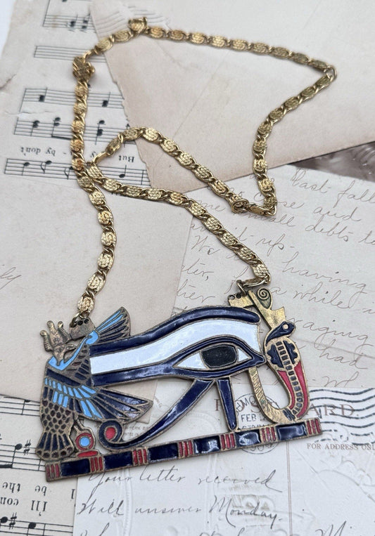 Vintage Egyptian Revival Eye of Horus Enamel Brass Statement Necklace 24”