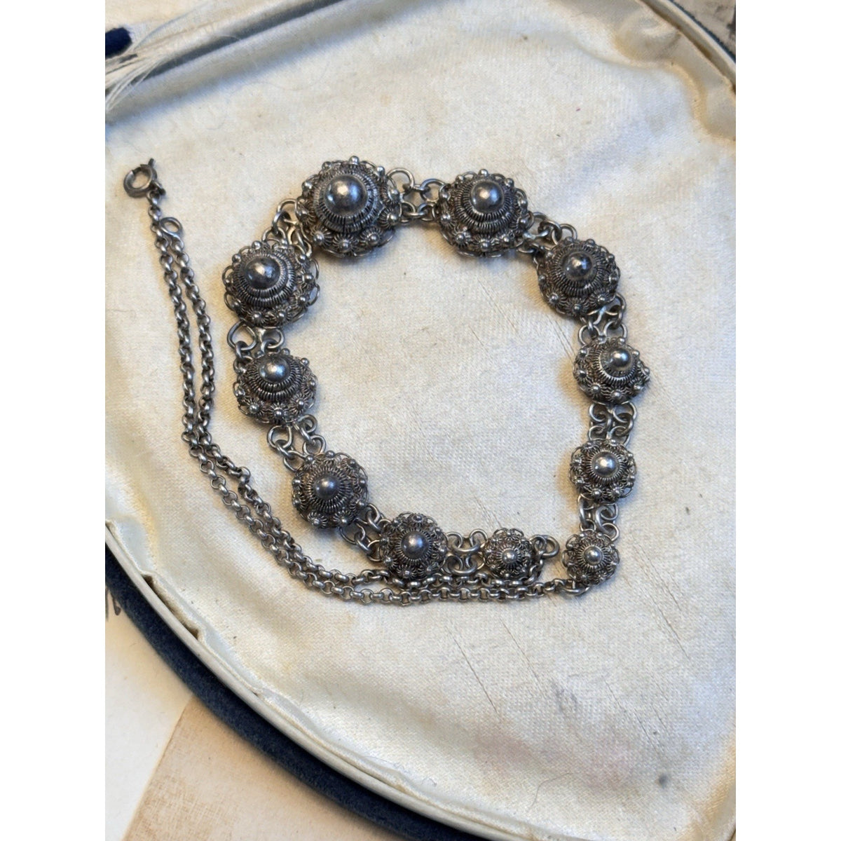 Dutch Button Necklace 835 Silver Filigree Graduated Floral Links Vintage 17.5”