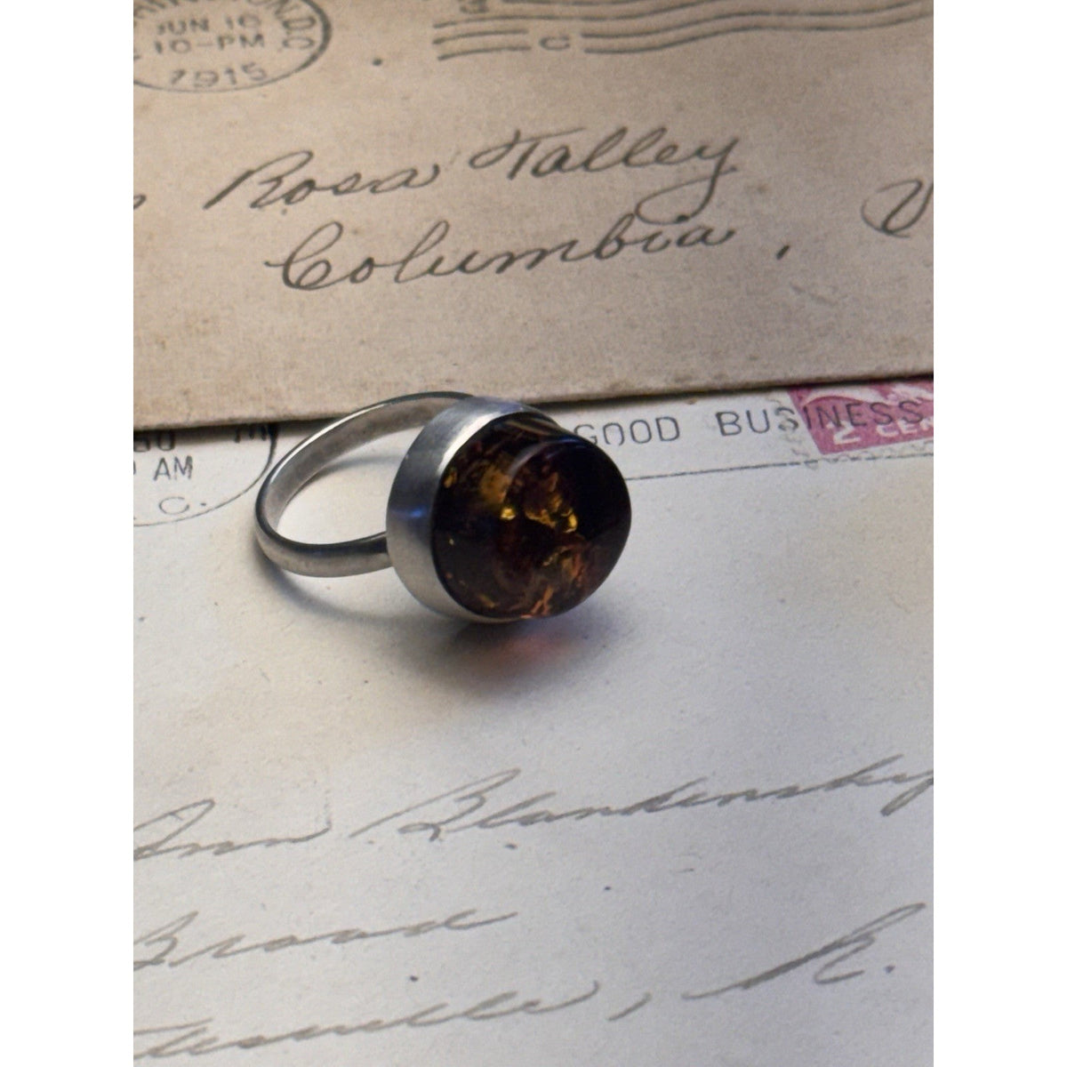 Artisan Amber Ring Tested Silver Modernist Statement Jewelry Size 8.5