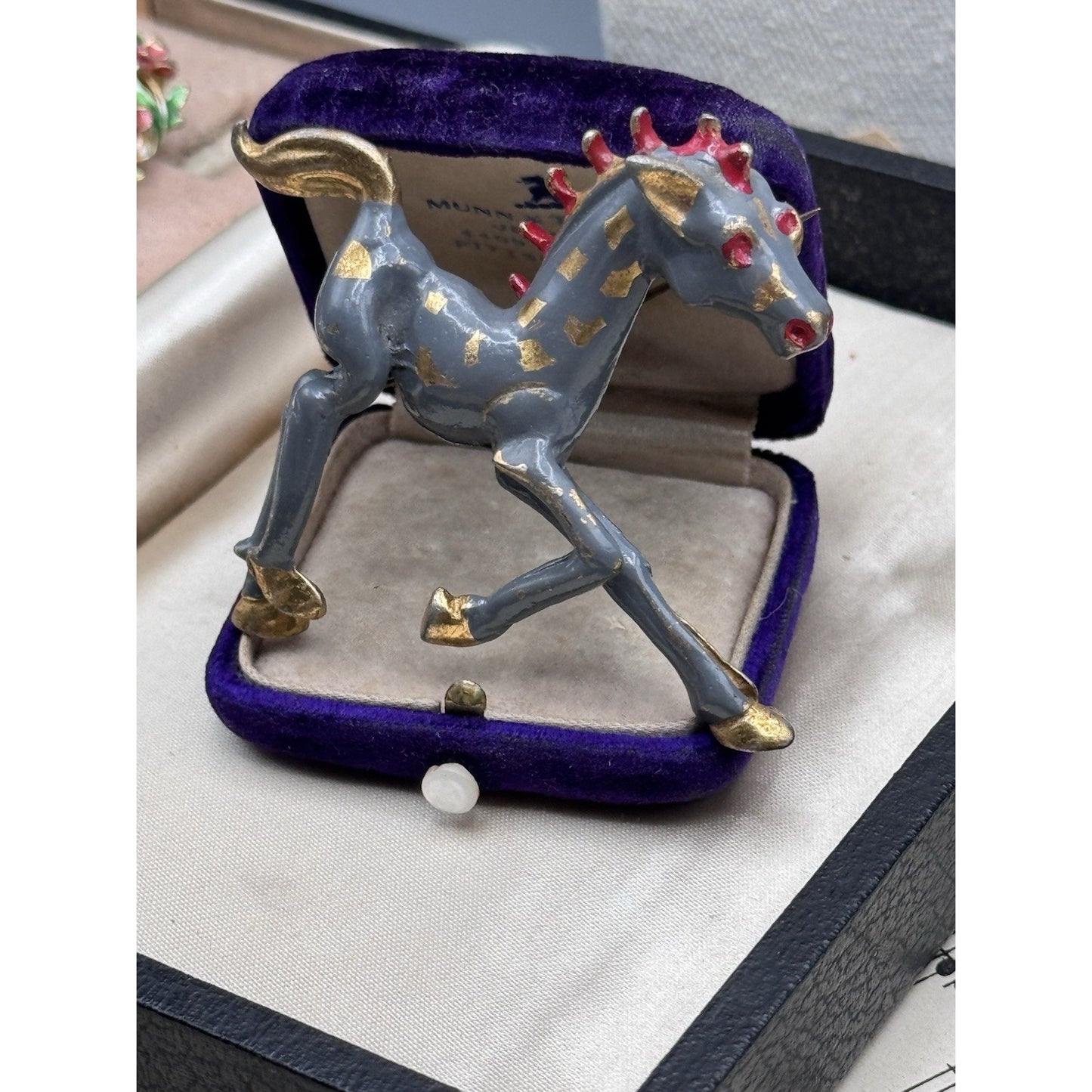 Vintage Horse Brooch Hand Painted Gray Red Gold Enameled Figural Equestrian