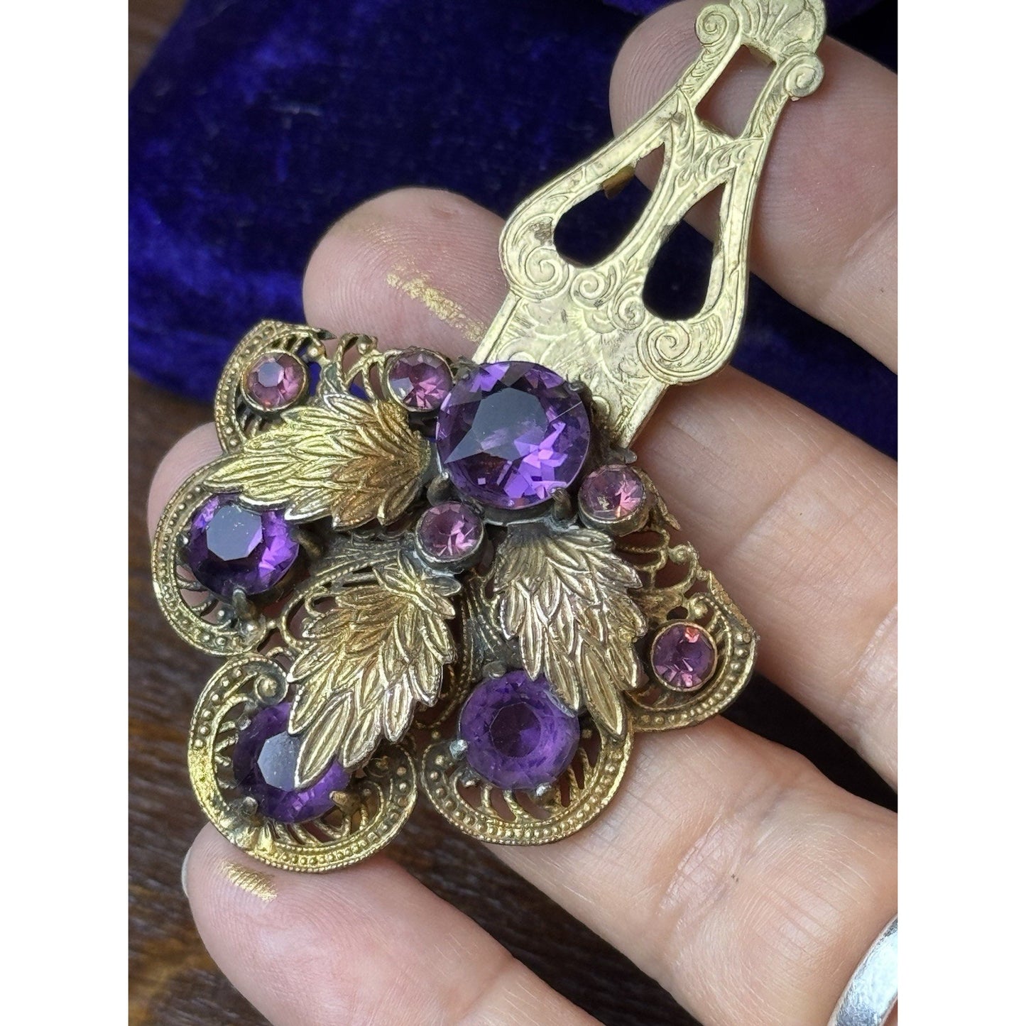 Antique Dress Clip Czech Style Purple Paste Goldtone Filigree Leaf Jewelry 1.75”