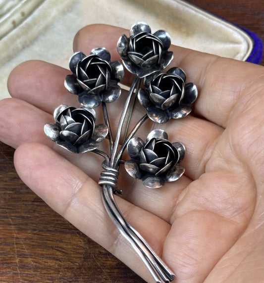 Vintage Sterling Silver CORO Rose Bouquet Brooch Dimensional Floral 3.5”