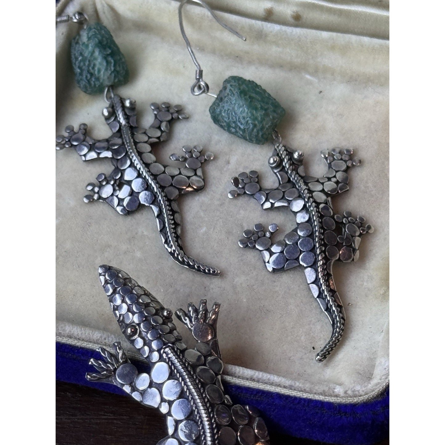 Vintage 925 Sterling Gecko Brooch Earrings Set Green Glass Beads Handmade