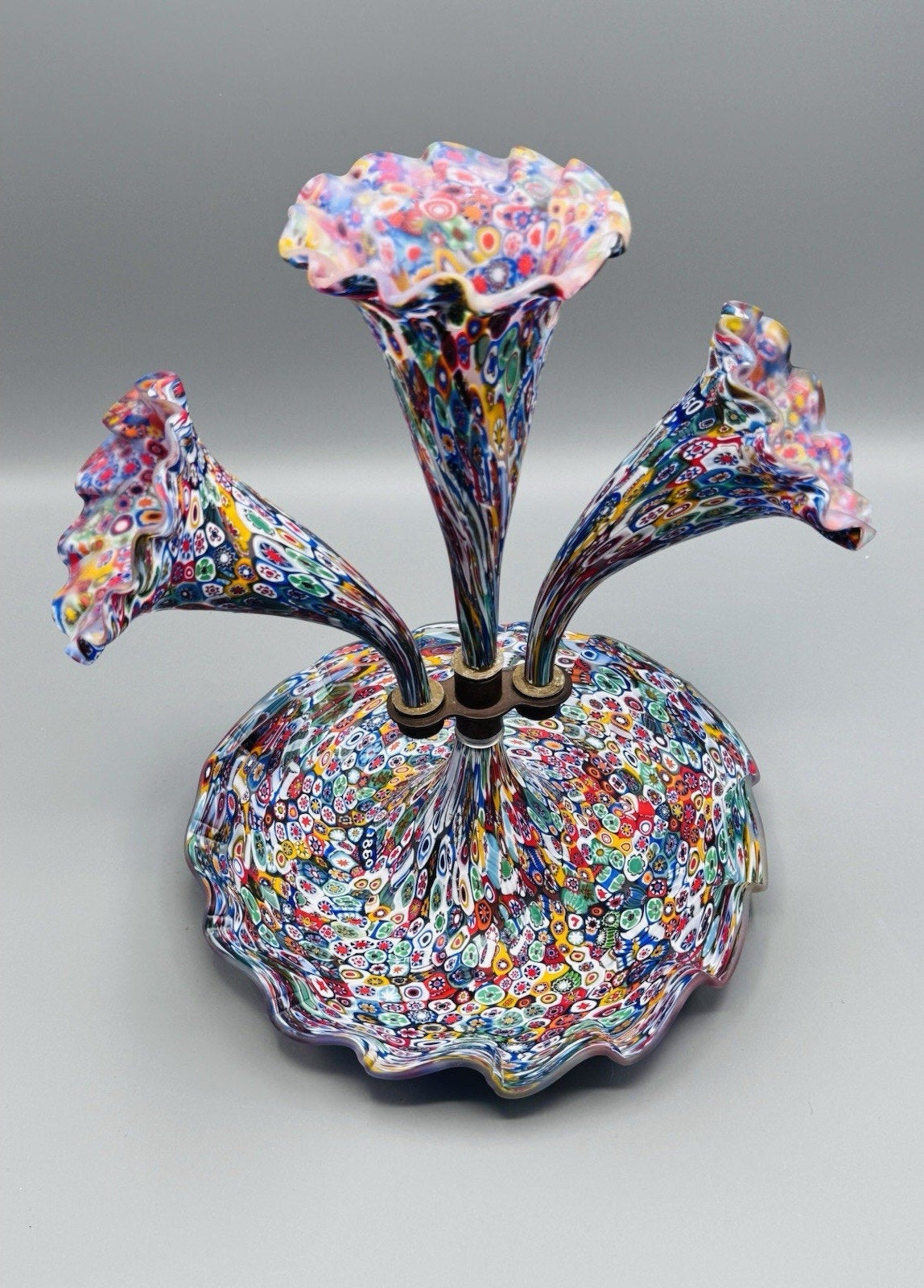 Murano Millefiori Epergne Art Glass 3 Horn Centerpiece Vase 1860 Cane 11.5”
