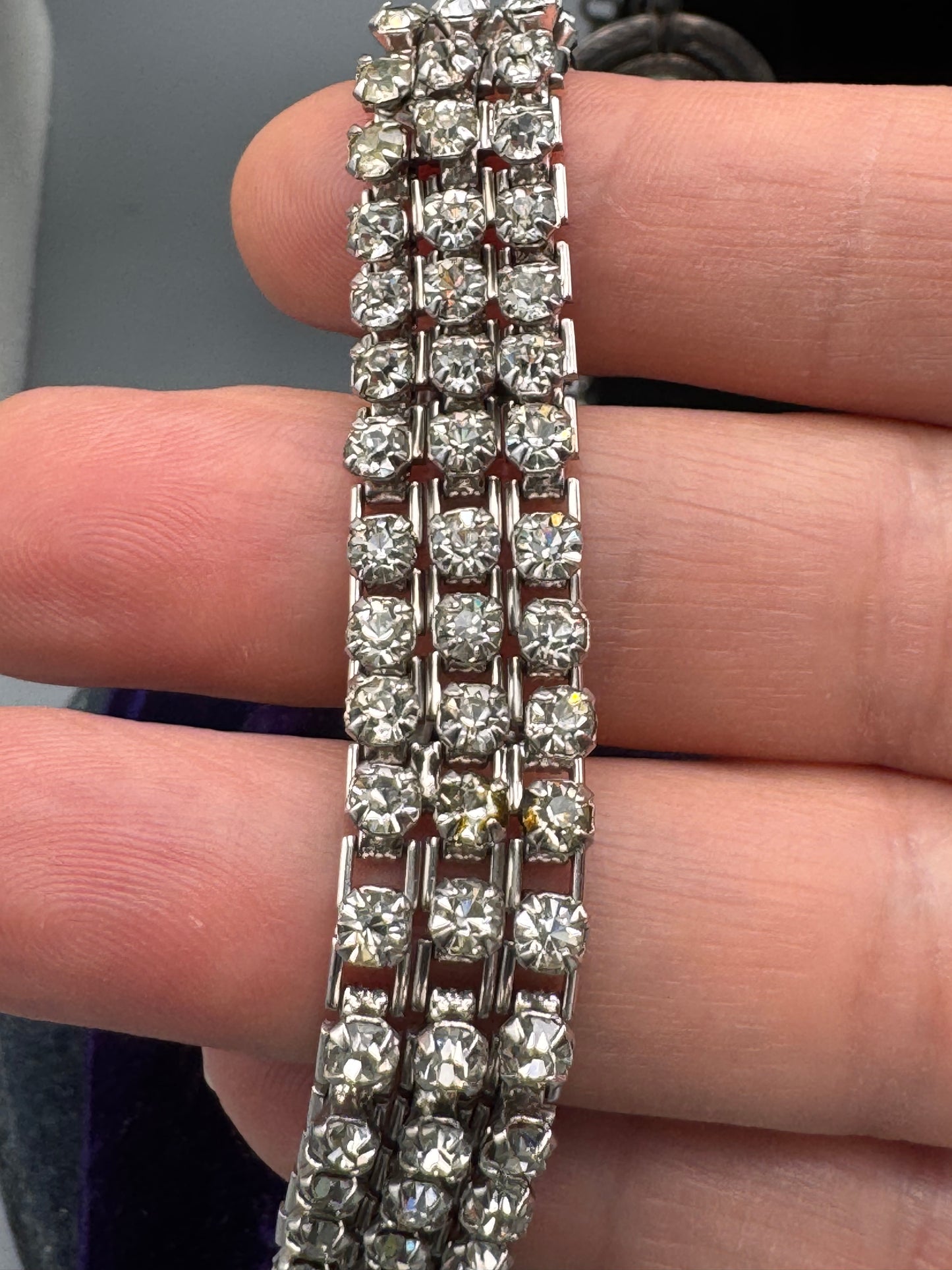 Vintage Articulated Rhinestone Bracelet 3 Row Clear Tennis 6.25”