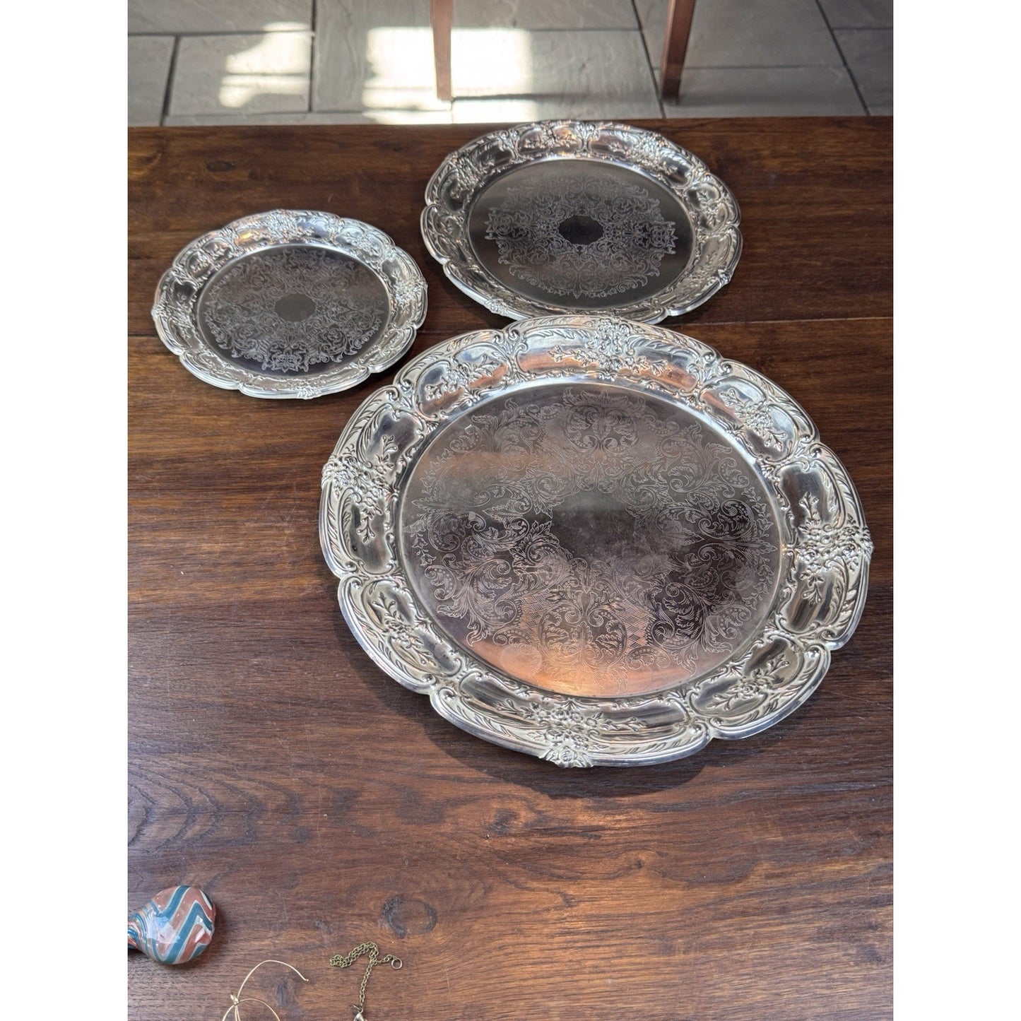 Silverplate Trays Set of 3 Leonard Repoussé Floral 14.5” 10.5” 8” VINTAGE