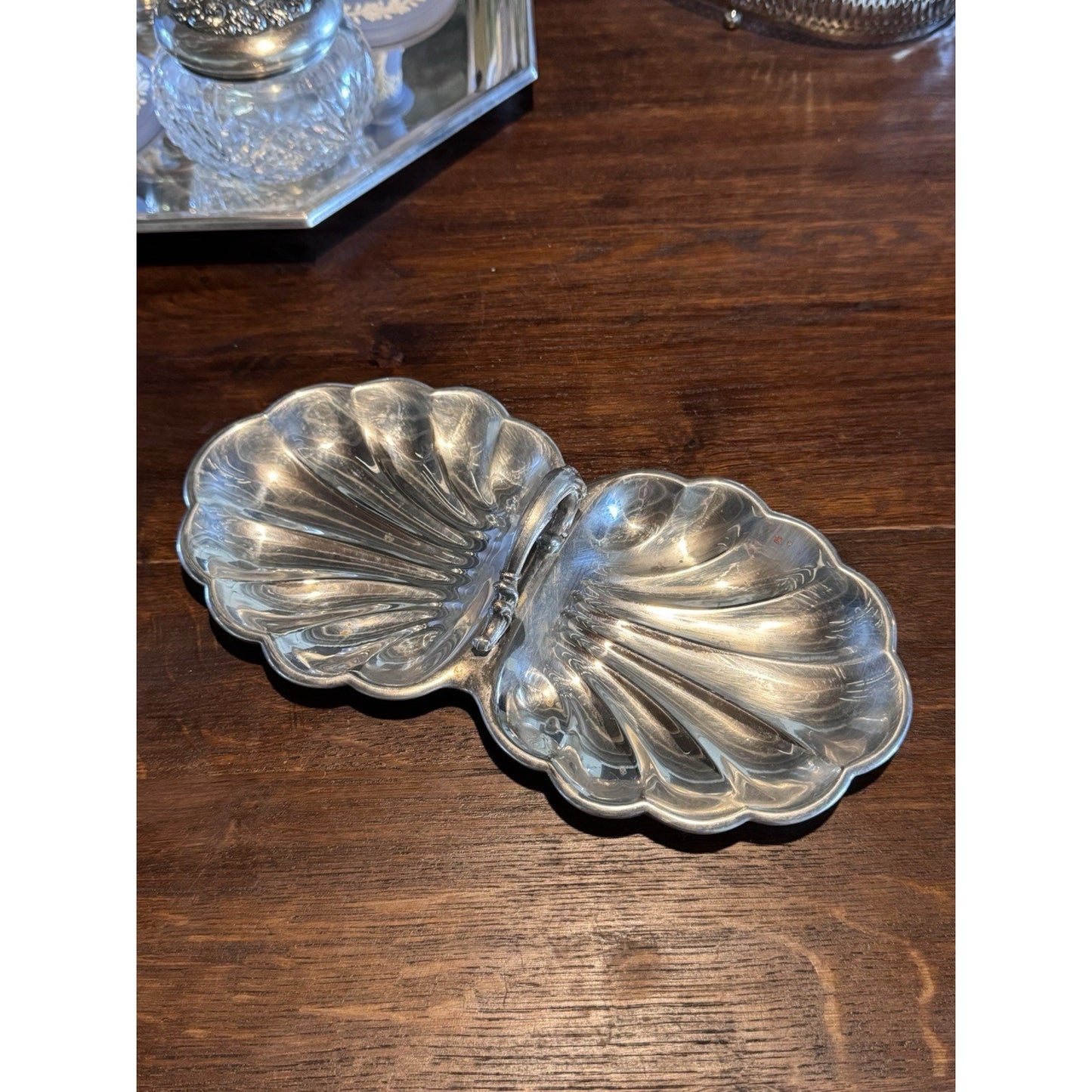 Silverplate Double Shell Dish Nut Candy Relish Bowl Serving Dish 10.75” Vintage