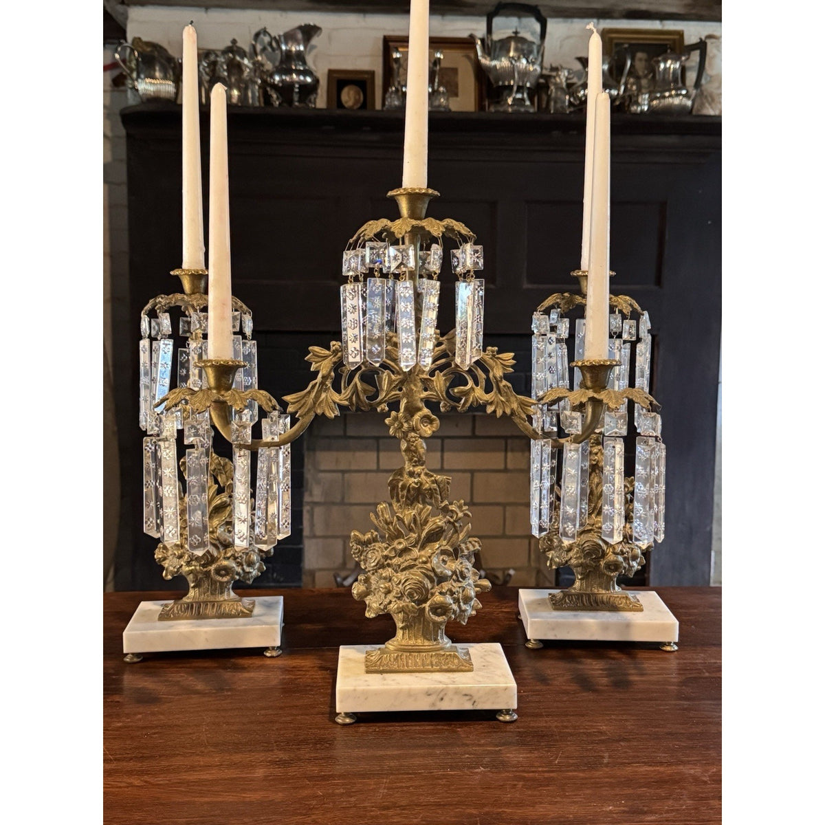 Girandole Candelabra Set Goldtone Floral Marble Crystal Prisms 3 Piece 18” 15.5”