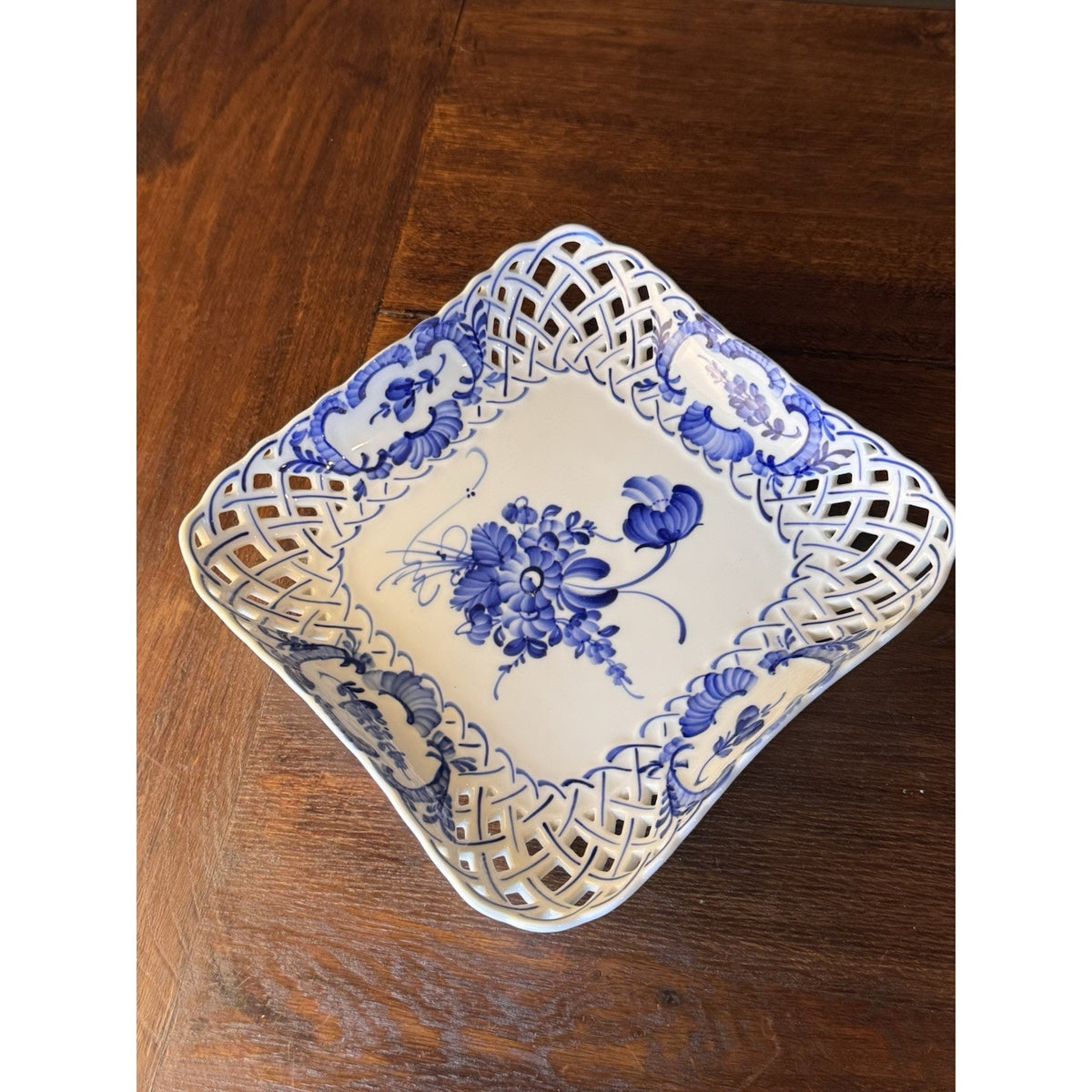 Royal Copenhagen Porcelain Reticulated Blue White Square Bowl 9.25” VINTAGE