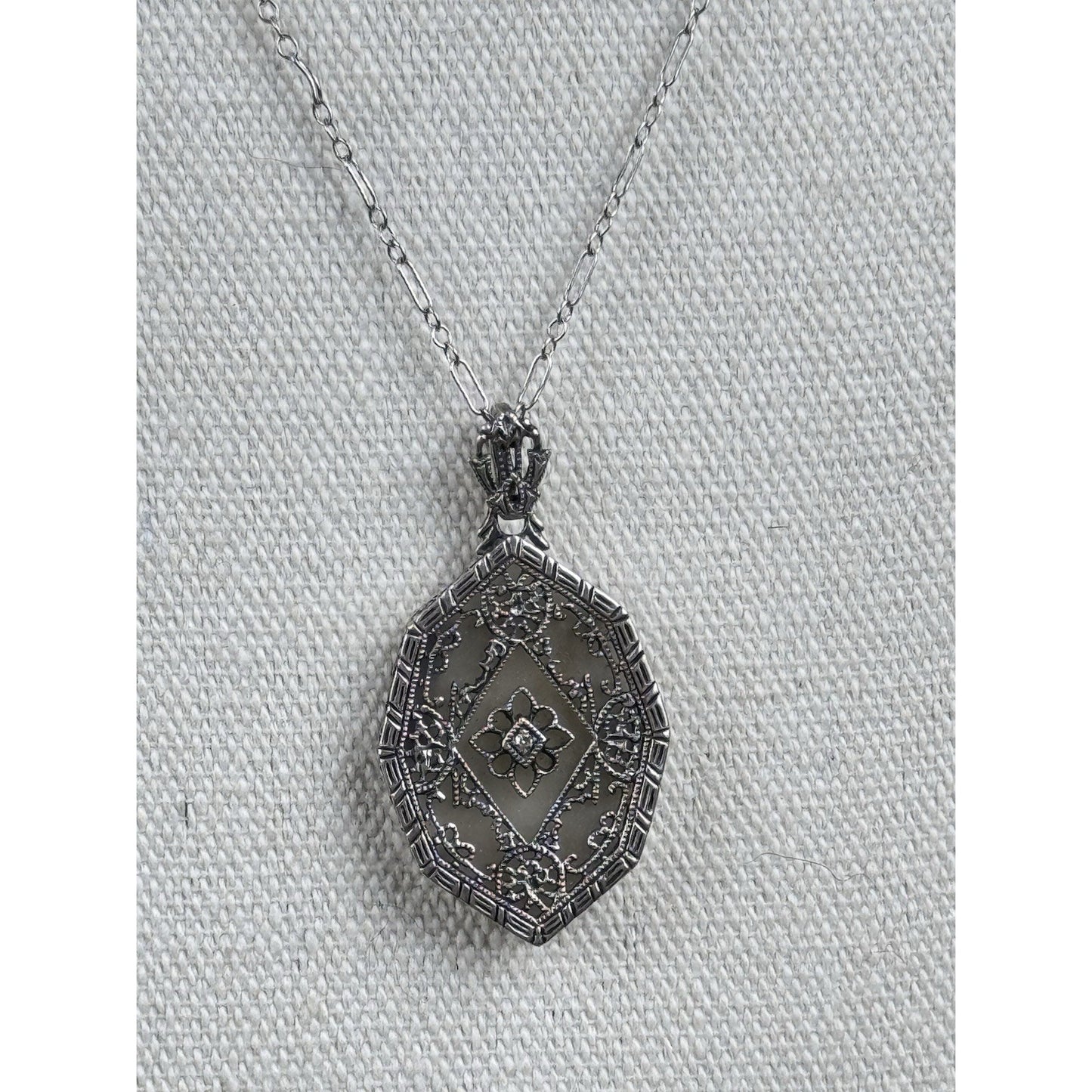 Sterling Camphor Glass Necklace Art Deco Style Filigree Pendant 19”