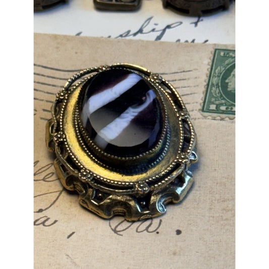 Original by Robert Victorian Revival Black & White Glass Cameo Brooch Pendant