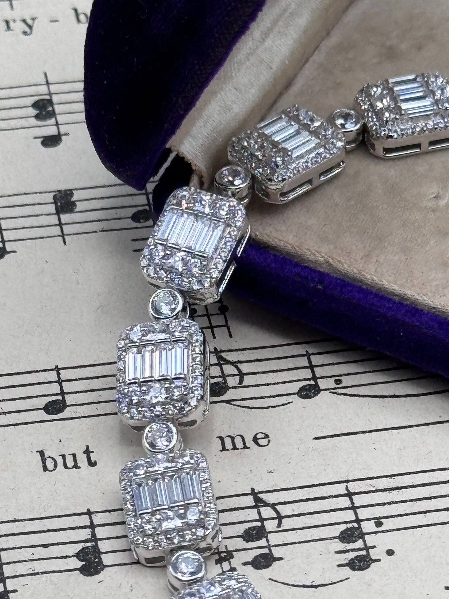 Sterling Clear Stones Tennis Bracelet 7” Baguette Halo Link Bracelet Signed W 925