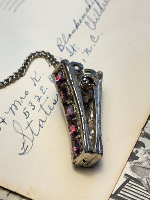 Purple Rhinestone Glove Clip Silvertone Vintage Purse Chain Handbag Holder 2” x 1”