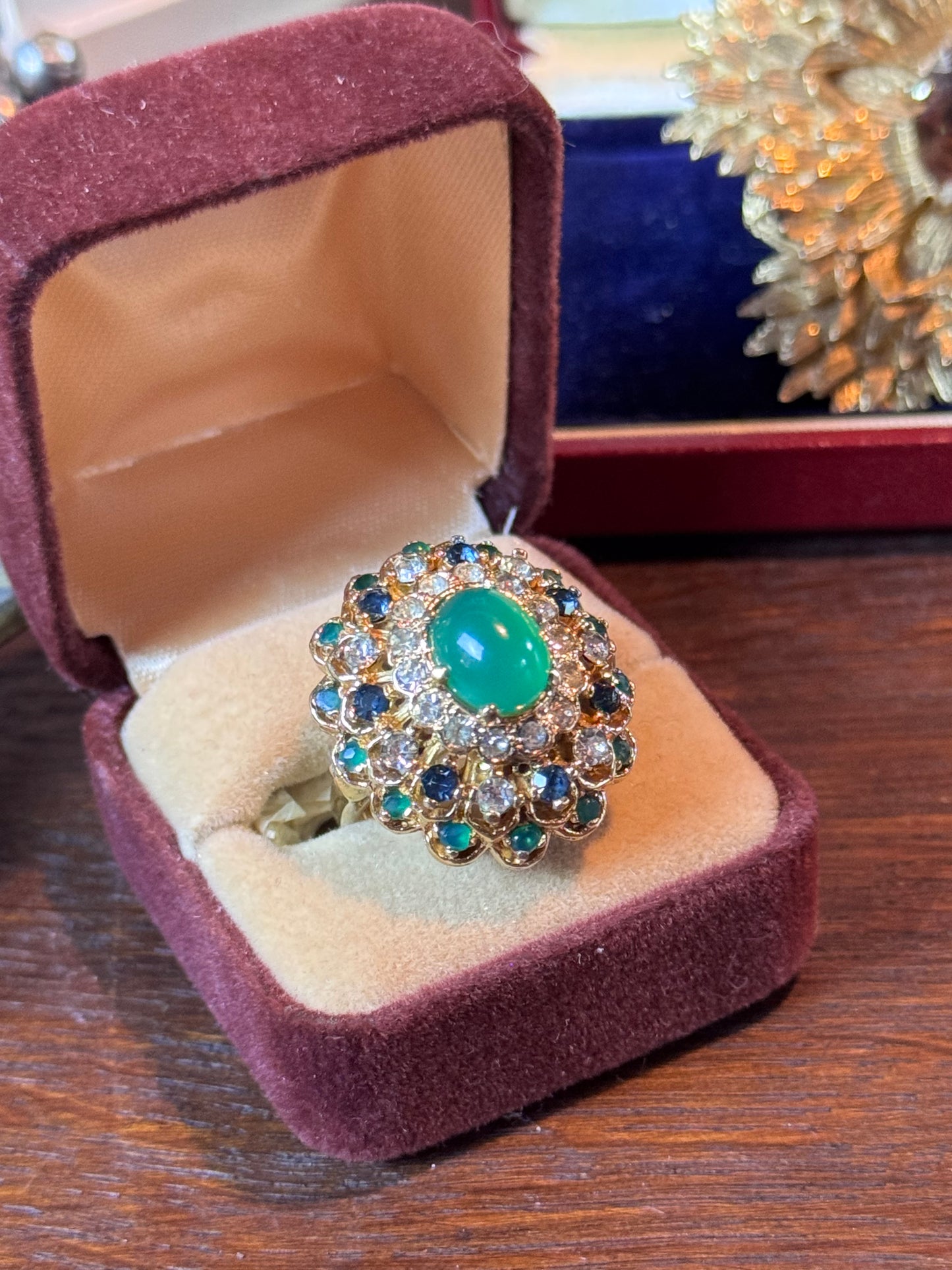 Vintage Sterling Gold Plated Princess Ring Green Jade Tone Cabochon Rhinestones Sz 6.75