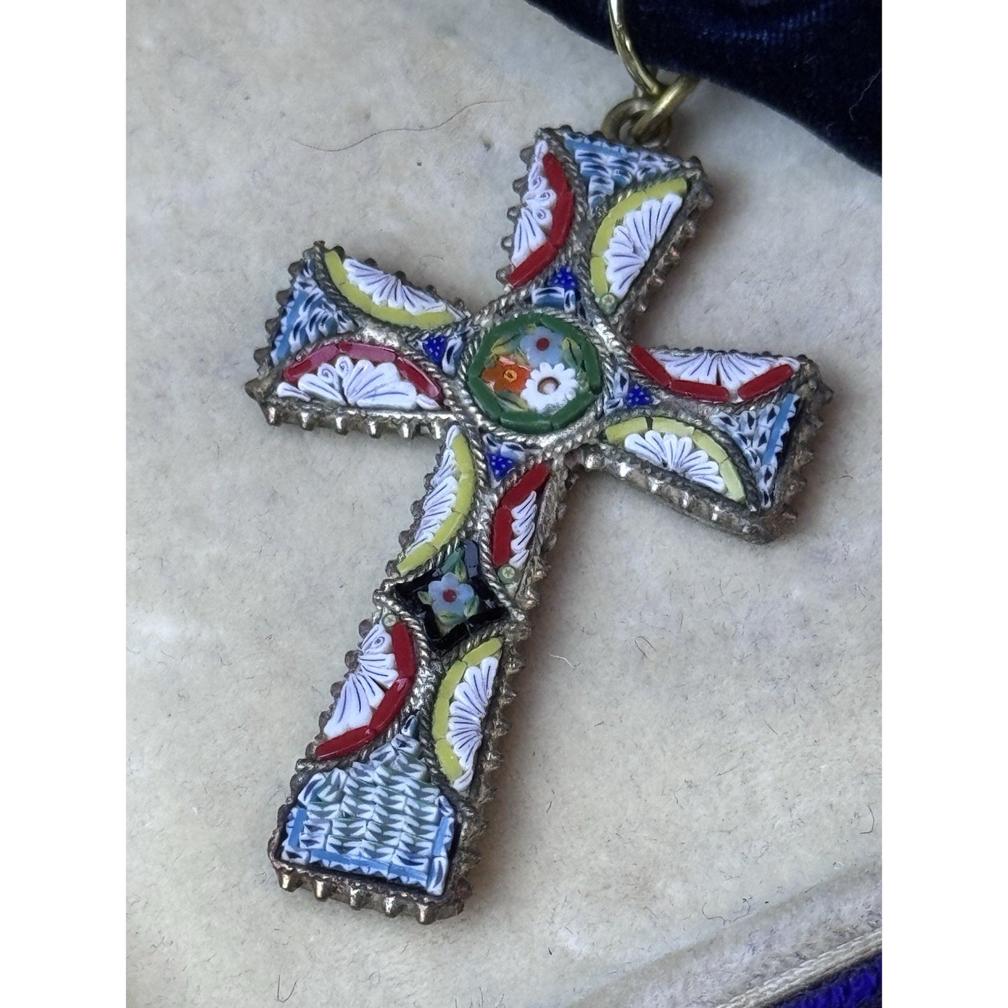 Antique Cross Italian Micro Mosaic Pendant Blue Velvet Ribbon Floral 1.5”