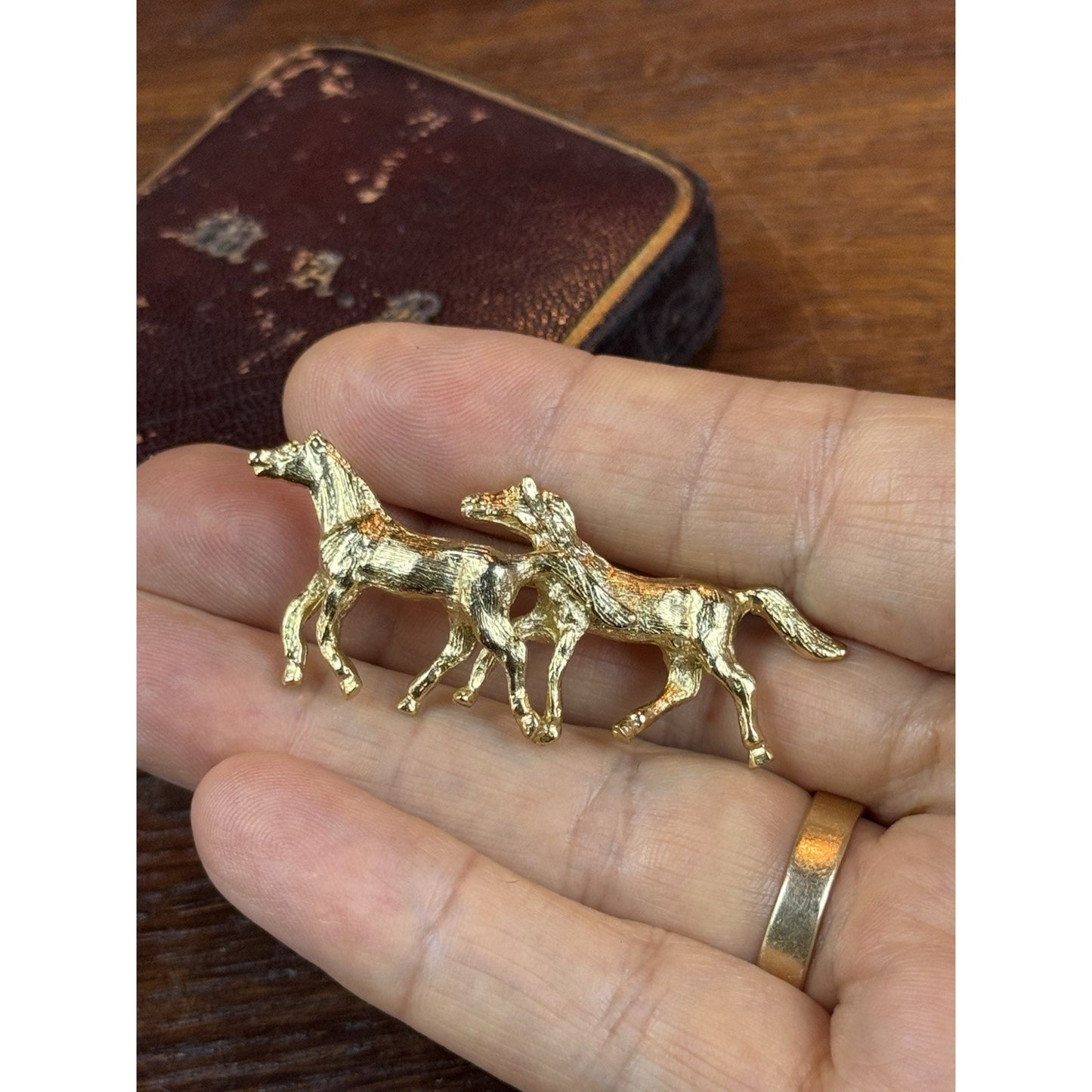 Vintage Horse Brooch Goldtone Two Running Horses Equestrian Pin 2.25” x 1”