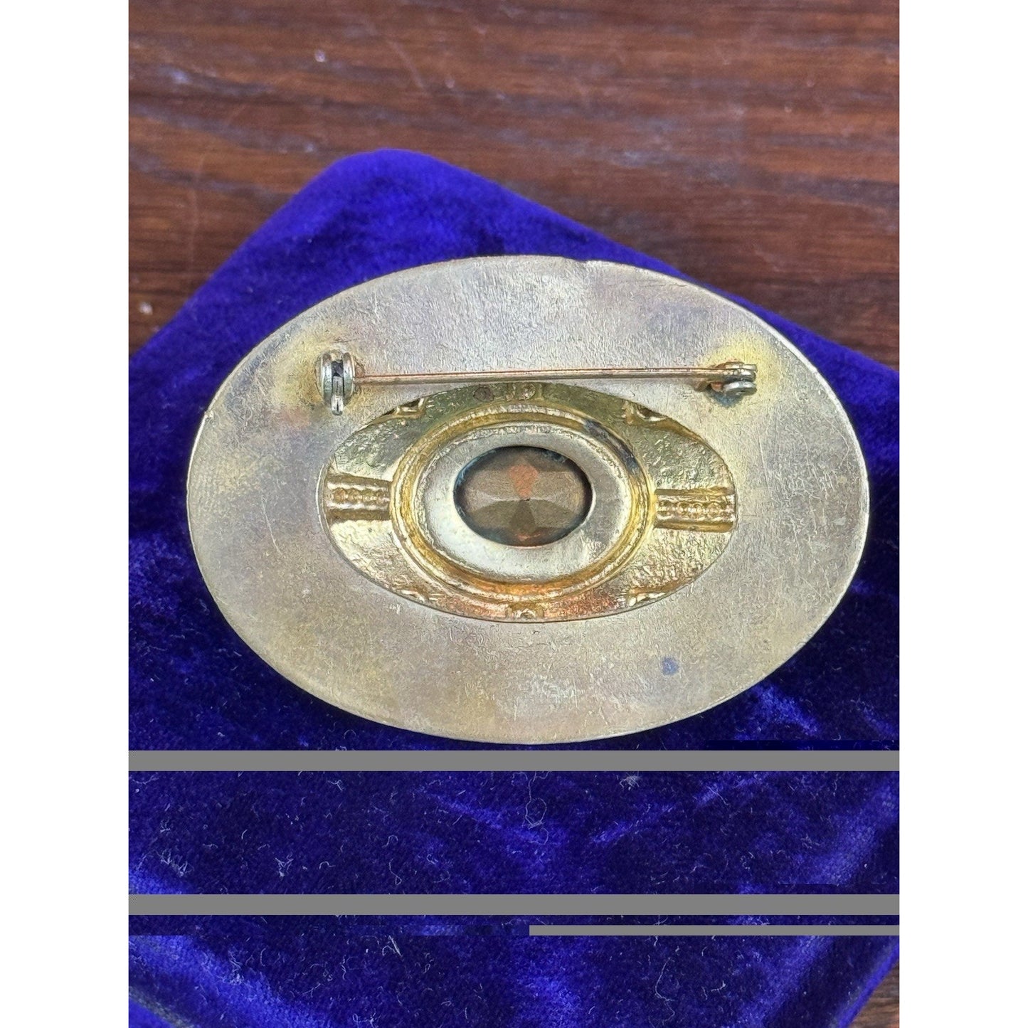 Vintage Brooch Brass Brown Glass Victorian Revival Ornate Oval 2.25”