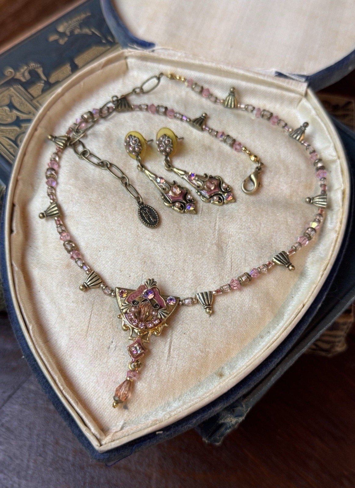Michal Golan Necklace Earring Set Pink Rhinestone Beaded Goldtone Vintage 19”