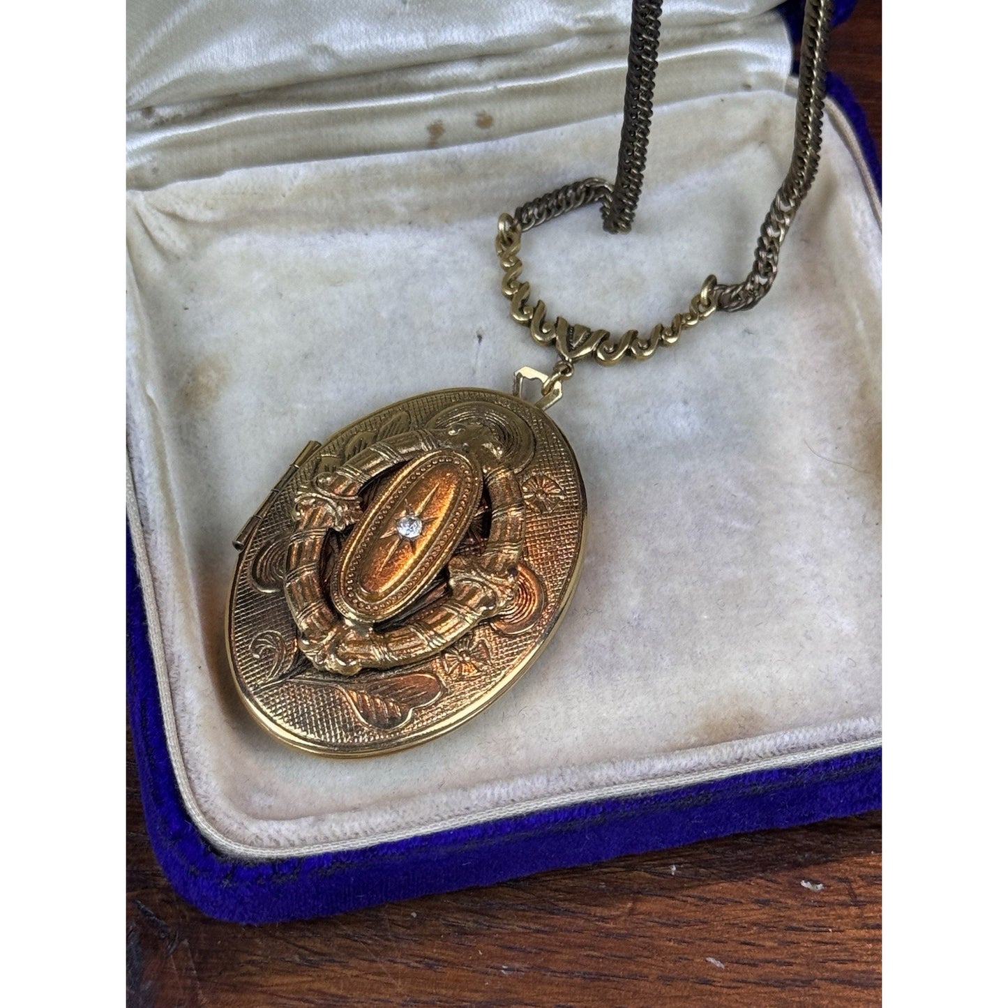Vintage Goldtone Locket Necklace Rhinestone Floral Victorian Revival 23.5”