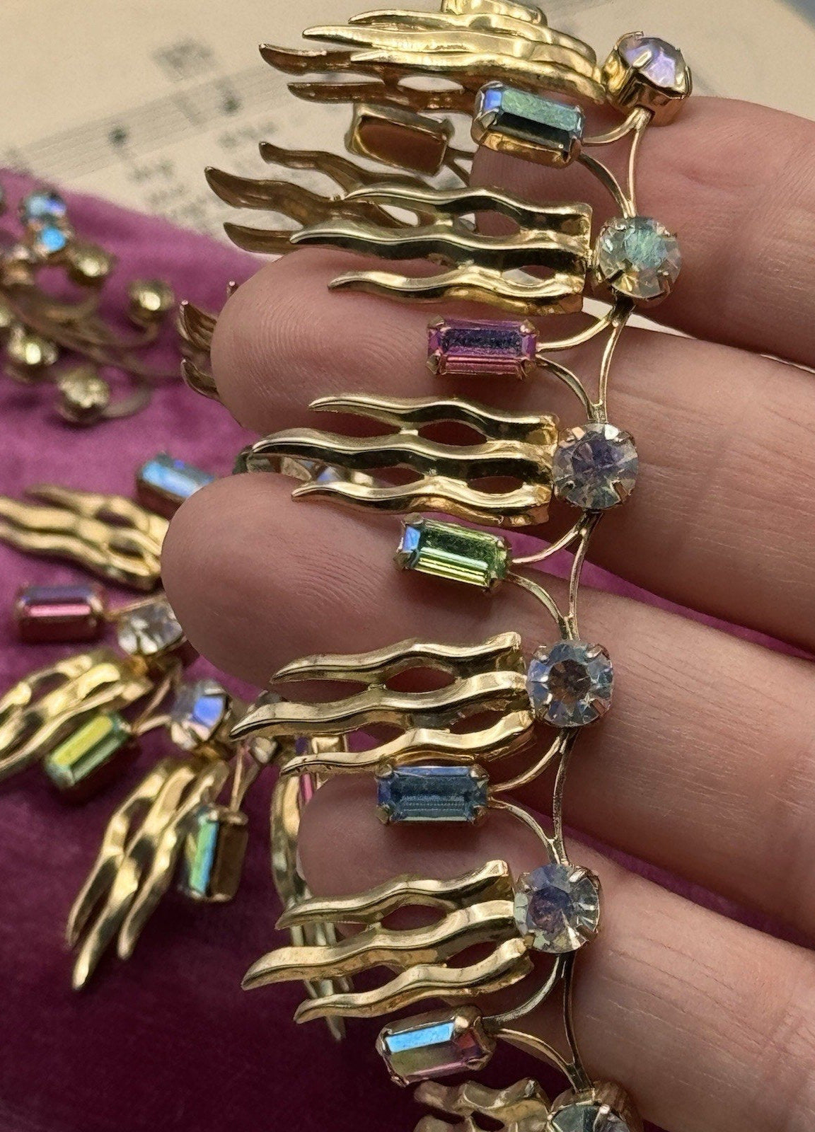 Mid Century Rhinestone Necklace Earrings Set Multicolor AB Goldtone 16”
