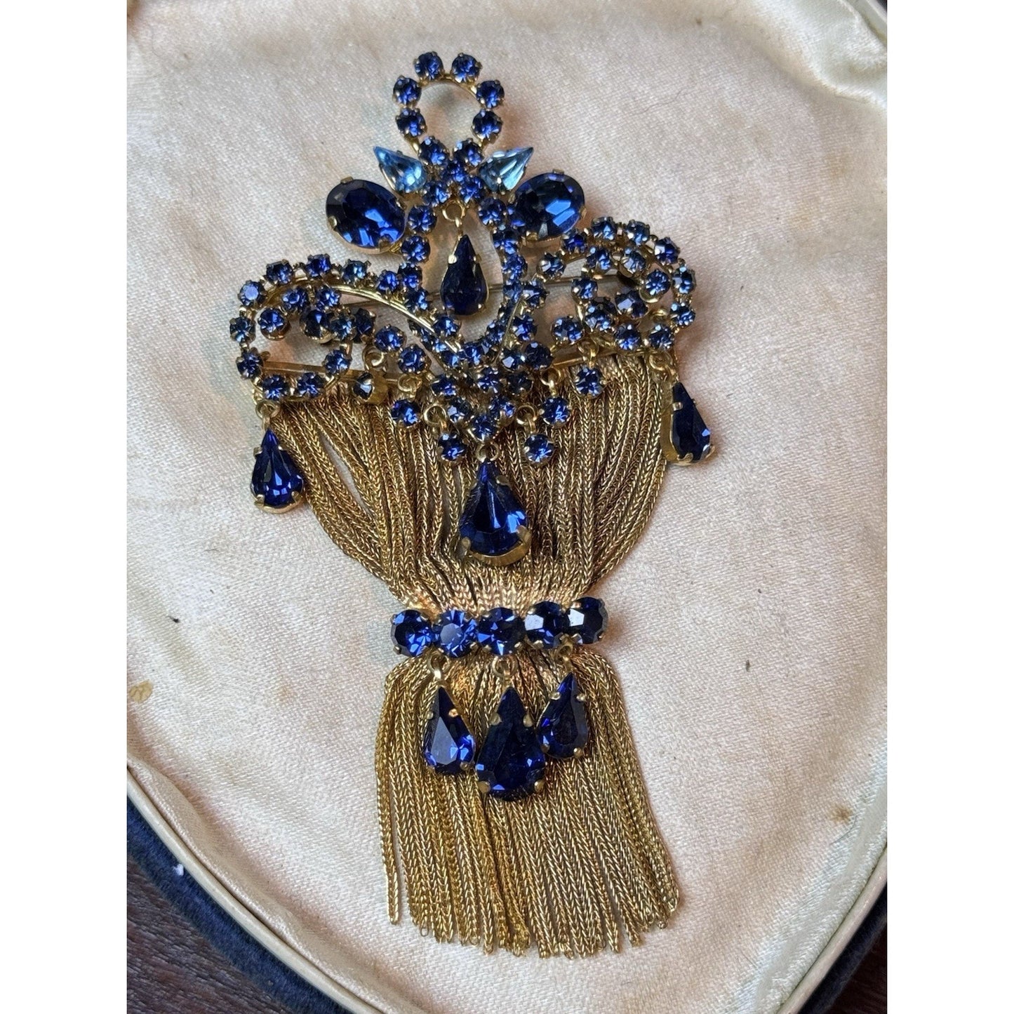 Vintage Blue Rhinestone Tassel Brooch Goldtone Statement Pin 4” Fringe