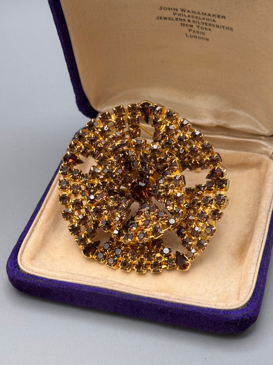 Vintage Topaz Rhinestone Brooch Goldtone Layered Statement Pin 2.5” Large