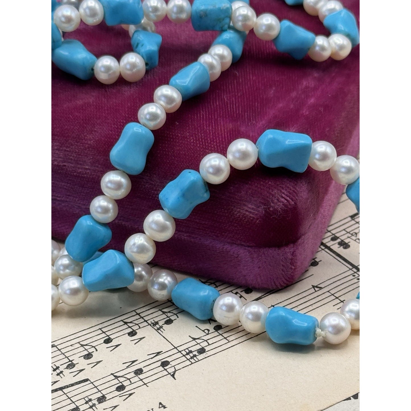 Cultured Pearl Blue/Green Stone Long Necklace 41” ESTATE FIND