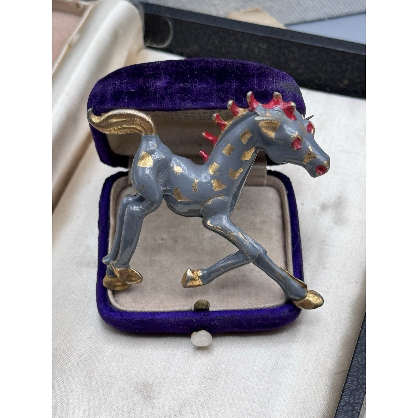 Vintage Horse Brooch Hand Painted Gray Red Gold Enameled Figural Equestrian