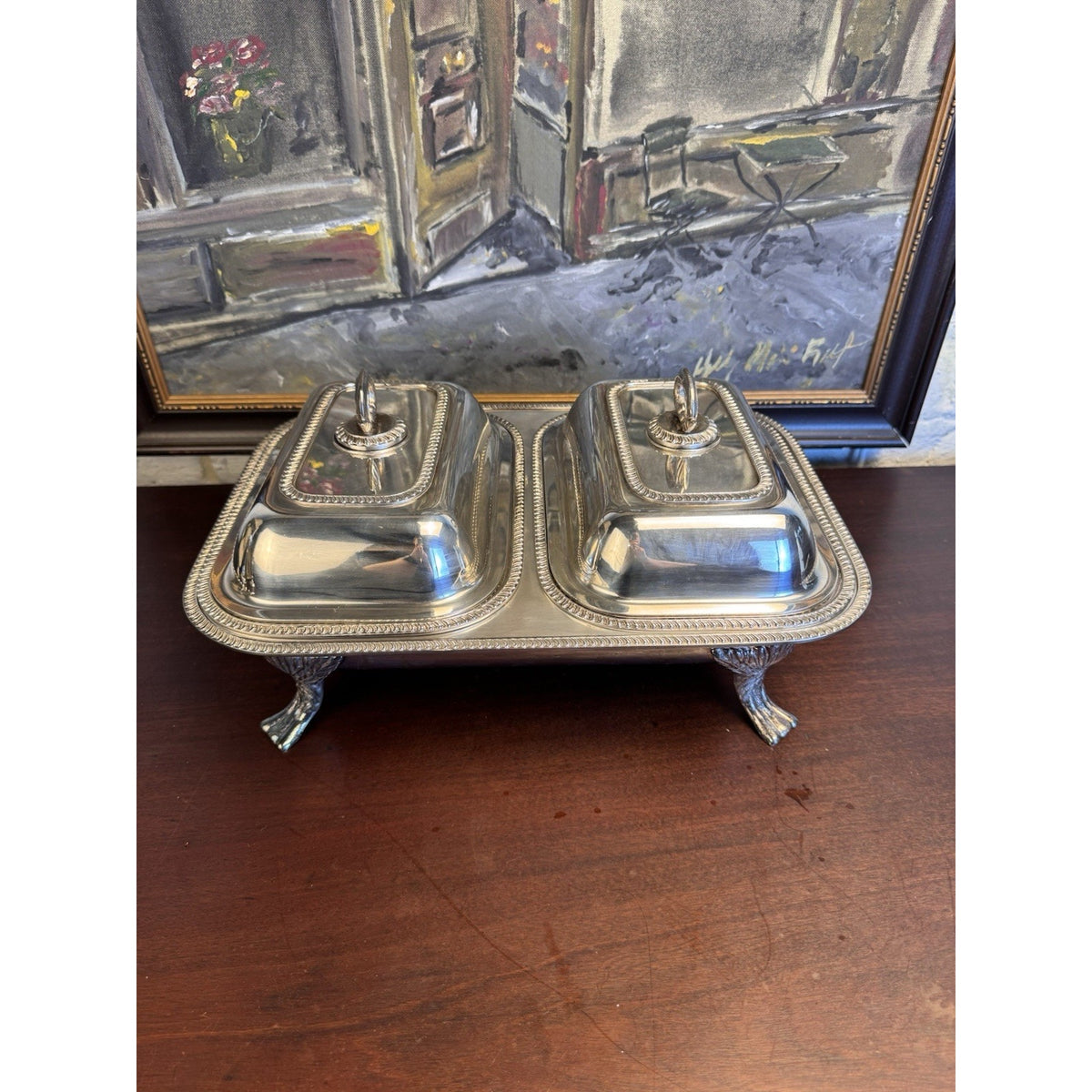 Silverplate Double Server Chafing Dish Rope Edge Footed Covered Vintage 15.25”