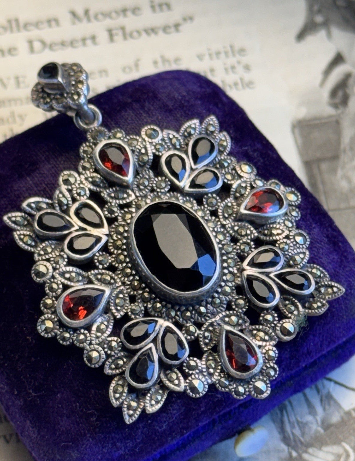 Sterling Silver Pendant Garnet Black Stones Marcasite Victorian Revival 2.25”