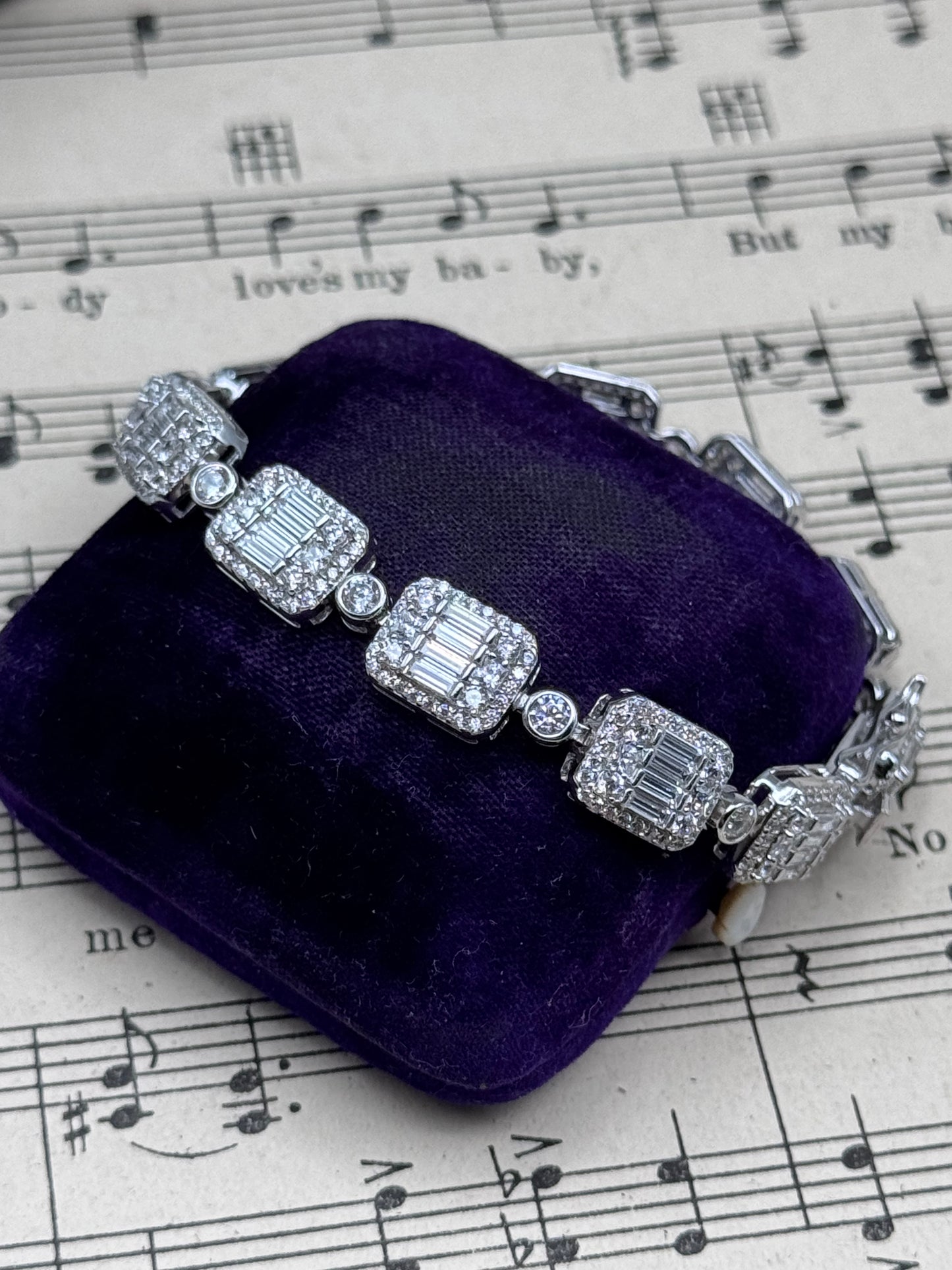 Sterling Clear Stones Tennis Bracelet 7” Baguette Halo Link Bracelet Signed W 925