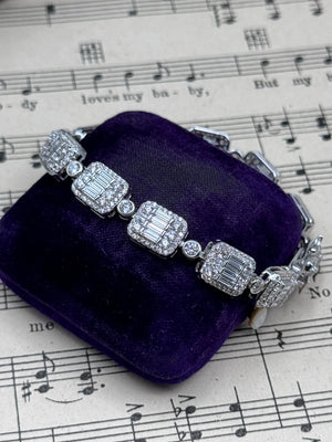 Sterling Clear Stones Tennis Bracelet 7” Baguette Halo Link Bracelet Signed W 925