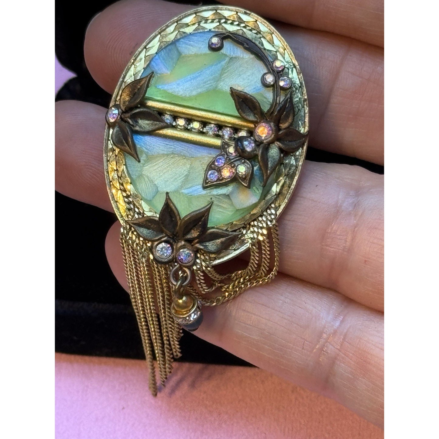 MARENA Germany Brooch Pendant Art Nouveau Revival Tassel Rhinestone Goldtone